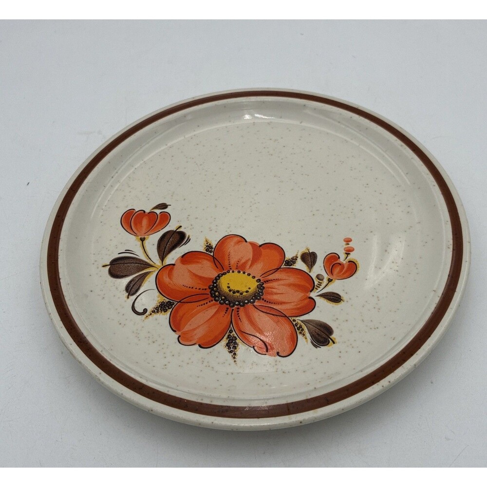 Vintage 70s Valencia Stoneware 7.75" Salad Plates Orange Floral Japan
